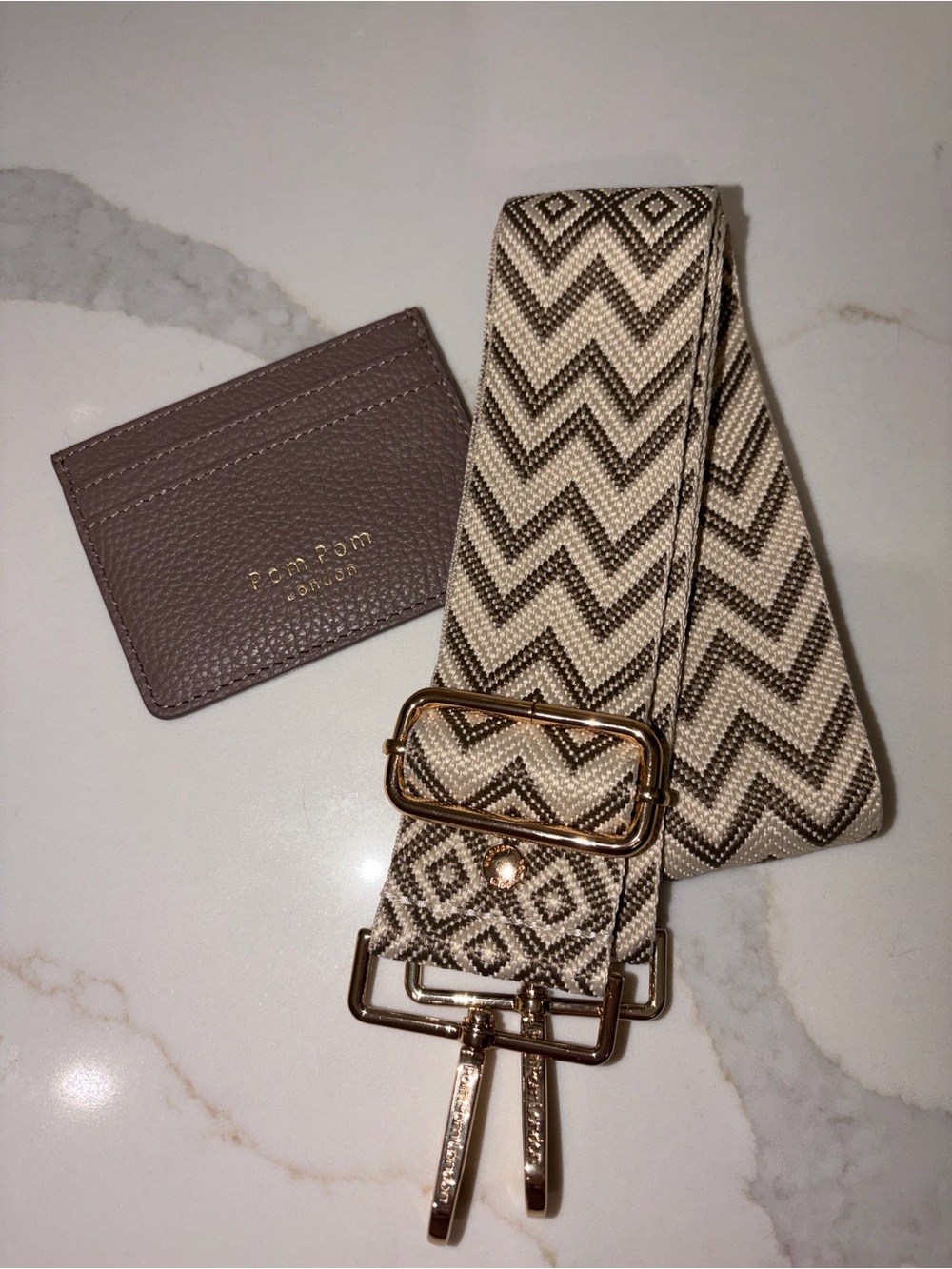 Pom Pom London mocha card case  + Stone zig zag Strap bundle NWT
